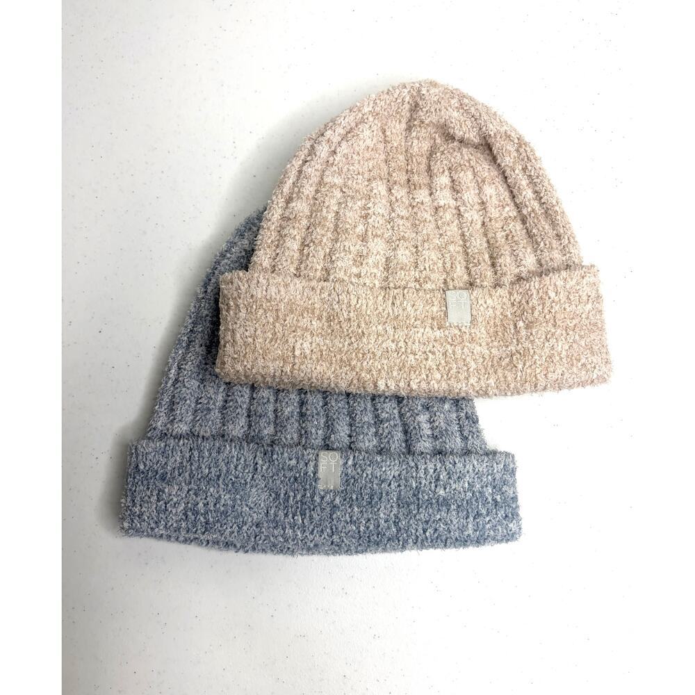 Softies Chunky Rib Marshmallow Beanie Cap lot of 2 Blue Beige Cozy Cabincore